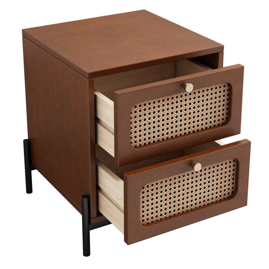CoSoTower Rattan Wood 2-Drawer Side Table Nightstand, Walnut R303