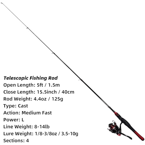 Kilitn Fishing Rod and Reel Combo, 5ft Fiberglass Telescopic Baitcasting Set B5021