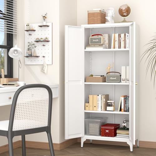 GREATMEET 65" Tall Kitchen Pantry Cabinet, White Metal Farmhouse Cupboard with Adjustable Shelves D202