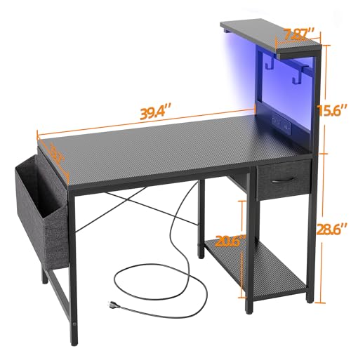 TIQLAB Gaming Desk 47 inch with Power Outlet and LED Light, Carbon Fiber Black P5873