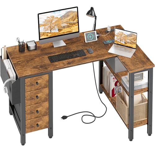 Lufeiya L Shaped Gaming Desk with Drawers & Power Outlet, Black A39519