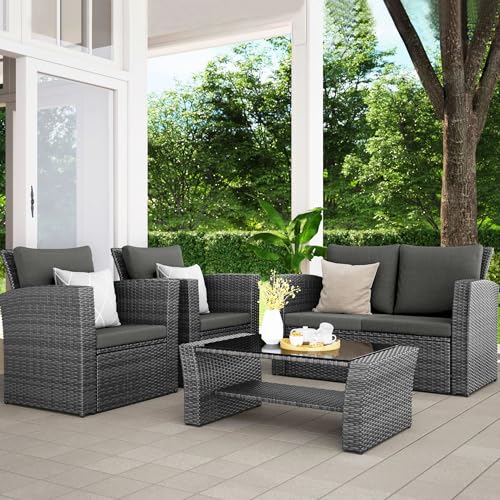 Wisteria Lane 4 Piece Outdoor Patio Furniture Set, Gray Rattan Sofa with Cushion P41861