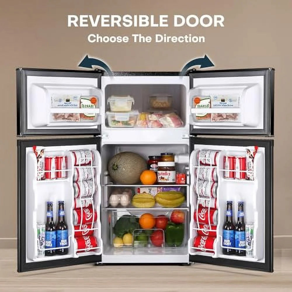 Upstreman 3.2 Cu.Ft Mini Fridge with Freezer, Double Door, Stainless V810808