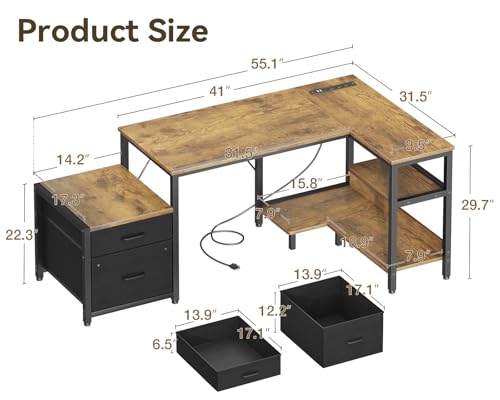 Casaottima 55 Inch L Shaped Desk with Drawers & File Cabinet, Rustic Brown B7734