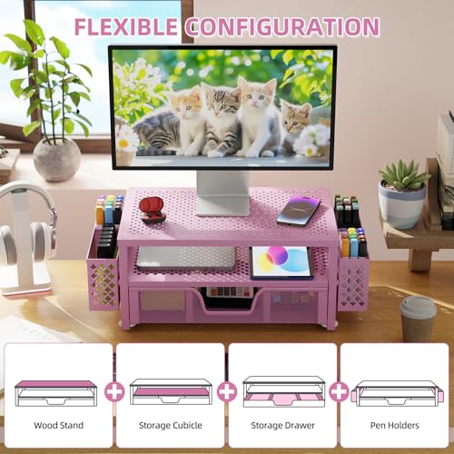 Simple Trending 2 Tier Metal Monitor Stand with Drawer and Pen Holder R17754