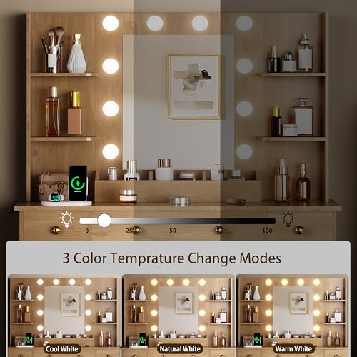 White Vanity Desk with Mirror and Lights, Charging Station and Stool Z6519