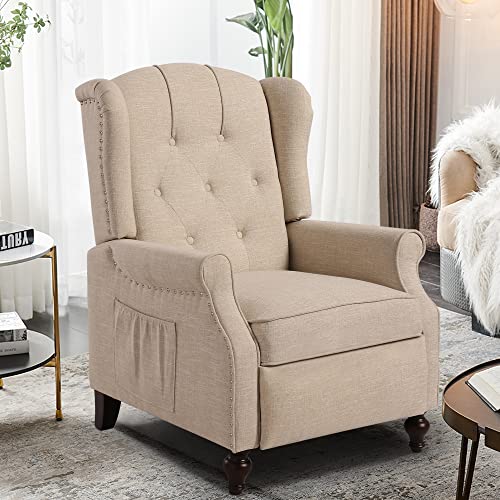 Wingback Recliner Chair with Massage and Heat, Tufted Fabric, Wooden Legs D91574