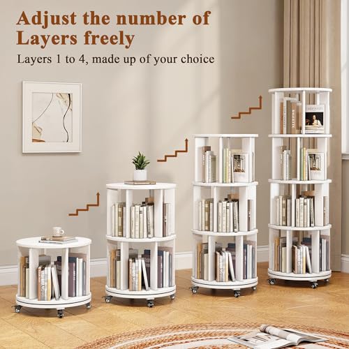 6 Tier Rotating Bookshelf Tower with Swivel Wheels, Solid Wood, Walnut B588