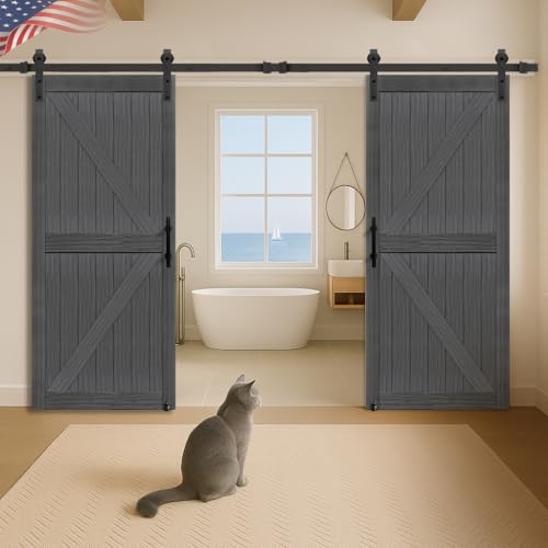 S&Z TOPHAND® 20 in x 84 in Elephant Gray British Brace Knotty Barn Door with 4FT Sliding Hardware Kit G149446