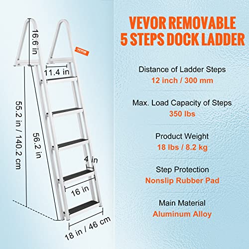 VEVOR Removable Dock Ladder 3/4/5 Steps, Aluminum, 350/500lbs Capacity T419635
