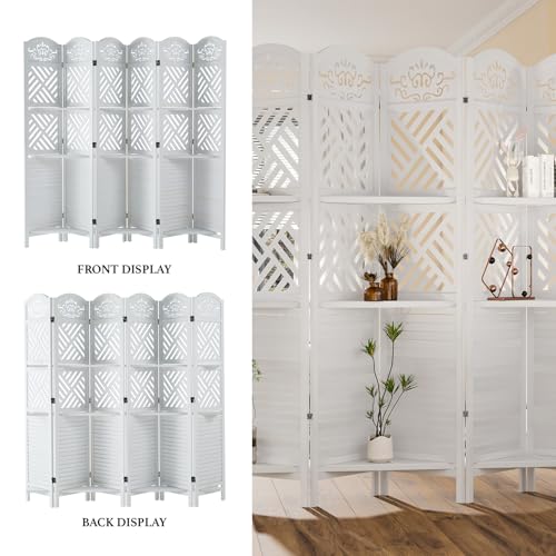 Folding Wood Room Divider with Shelves, 6 Panels, Natural K301
