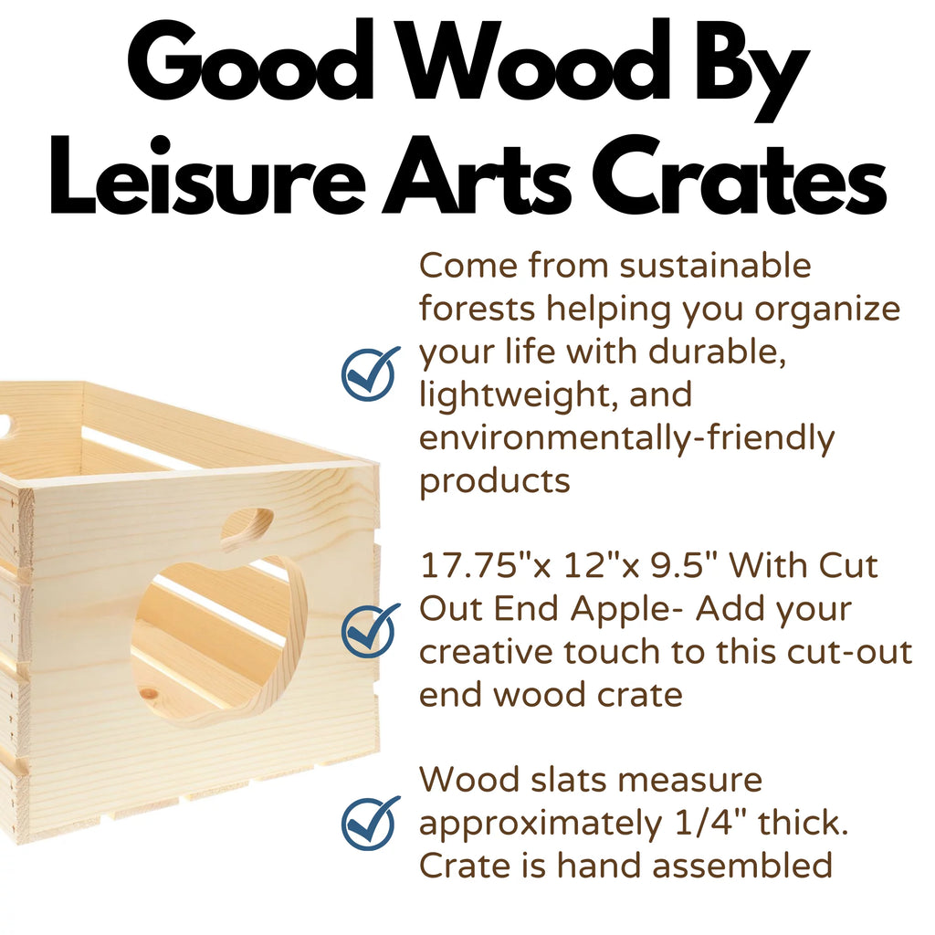 Leisure Arts Good Wood Wooden Crate with Apple Cutout, Unfinished Pine, 17.75" x 12" x 9.5" C122