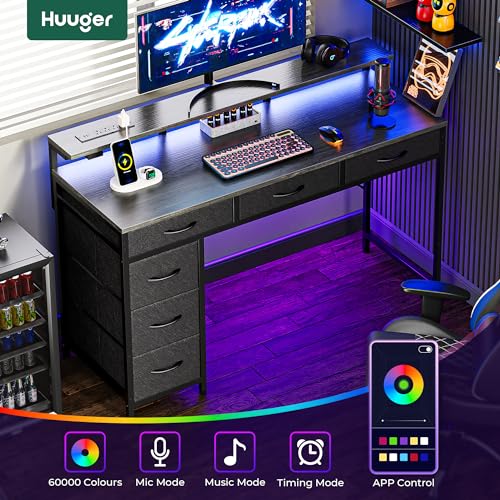 Huuger Gaming Desk with 6 Drawers, LED Lights, 47 Inch, Black N423283
