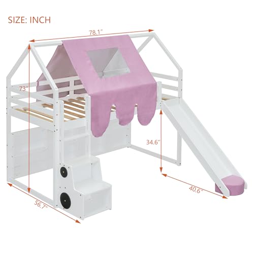 Harper & Bright Designs Kids Twin Low Loft Bed with Slide, Storage Shelves & Stairs, White/Pink C414827