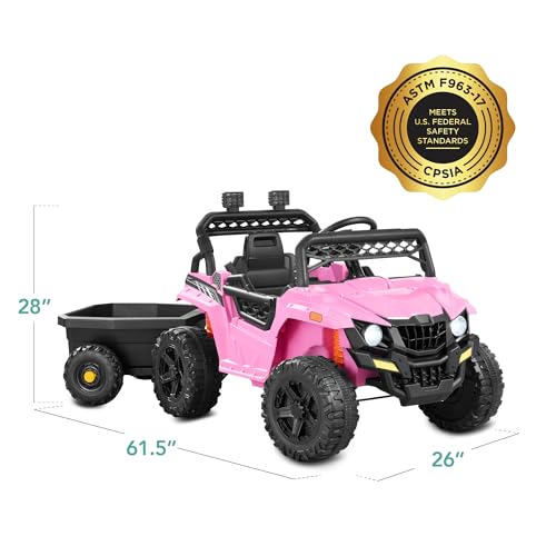 Kids 12V Electric Ride On UTV Car with Trailer, Parent Control, LED Lights, Bluetooth - Black C2735