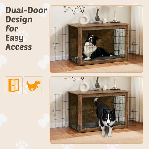 Wooden Dog Crate End Table with Dual Doors, Chew-Proof Design & Cushion, 27 Inch E6718