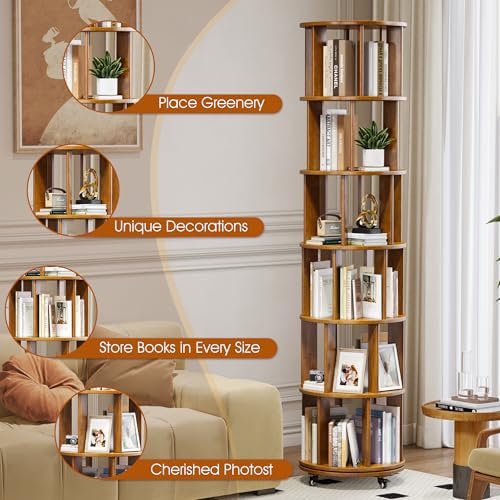 6 Tier Rotating Bookshelf Tower with Swivel Wheels, Solid Wood, Walnut B588