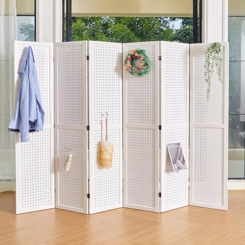 Pegboard Display 5.6Ft Wooden Room Divider Folding Privacy Screen Freestanding Wall Organizer, 4 Panels, Natural C603