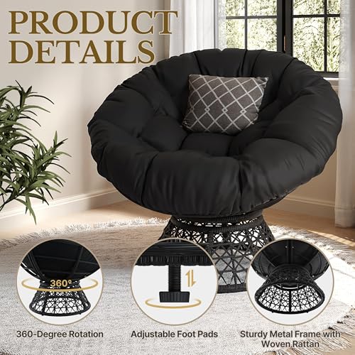 Yaheetech Indoor Papasan Chair with Tufted Cushion and Frame, Swivel Wicker, Black A8314