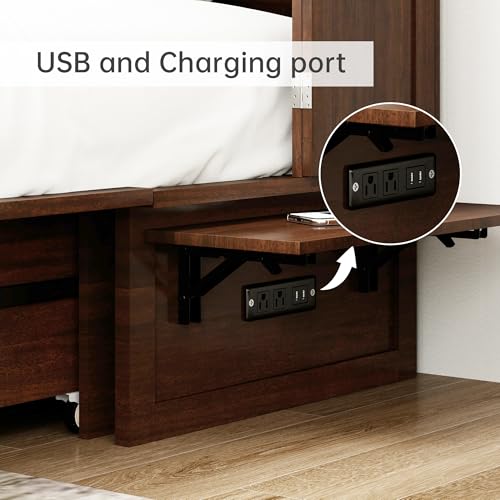 Solid Wood Murphy Bed Cabinet Full with USB Charging Ports and Storage Drawer, Ebony D190415