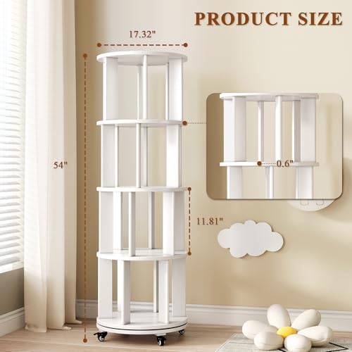 6 Tier Rotating Bookshelf Tower with Swivel Wheels, Solid Wood, Walnut B588