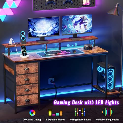 Furologee 47" Computer Gaming Desk with Monitor Stand, 4 Fabric Drawers & Power Outlets, Rustic Brown U645888
