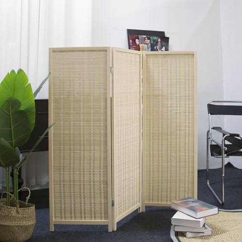 3 Panel Bamboo Room Divider, Double Sided, Brown, 47.2"H E393