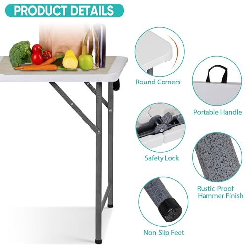 Portable 4 Foot Plastic Folding Table, Indoor Outdoor Heavy Duty with Carrying Handle, White I854764