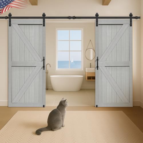 S&Z TOPHAND® 20 in x 84 in Elephant Gray British Brace Knotty Barn Door with 4FT Sliding Hardware Kit G149446