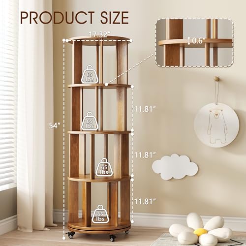 6 Tier Rotating Bookshelf Tower with Swivel Wheels, Solid Wood, Walnut B588