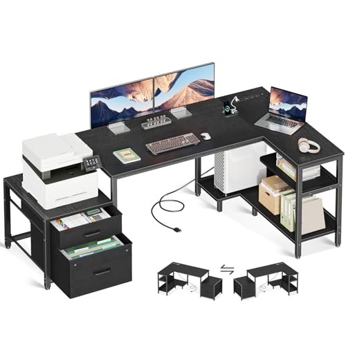 Casaottima 55 Inch L Shaped Desk with Drawers & File Cabinet, Rustic Brown B7734
