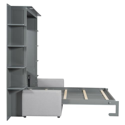 PURLOVE Queen Murphy Bed with Sofa, Wood Slat Support, Gray E27008
