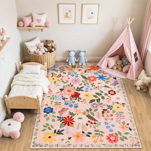 8x10 Floral Washable Area Rug for Living Room, Vintage Soft Non-Slip Carpet Z978379