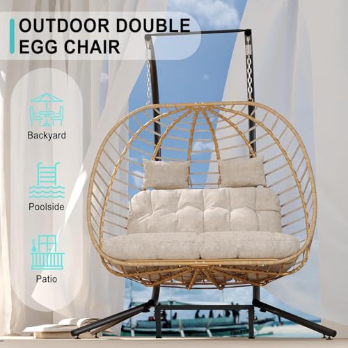 SWITTE Double Egg Swing Chair with Stand, Outdoor Patio Hanging Wicker Hammock with Cushion, Dark Grey X8839