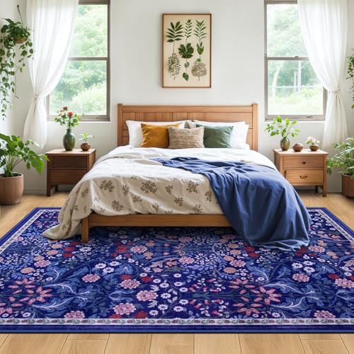 8x10 Floral Washable Area Rug for Living Room, Vintage Soft Non-Slip Carpet Z978379