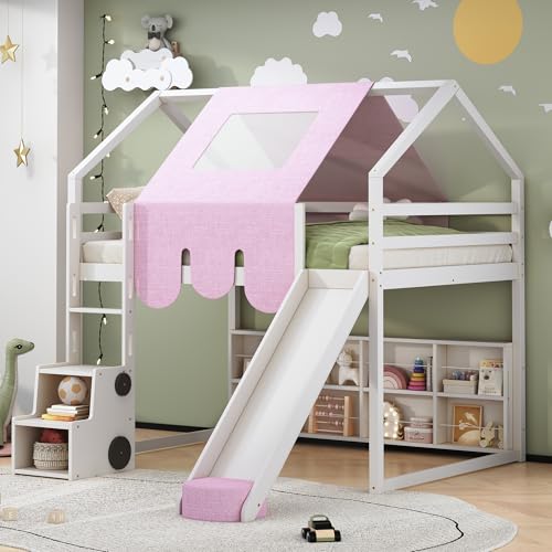 Harper & Bright Designs Kids Twin Low Loft Bed with Slide, Storage Shelves & Stairs, White/Pink C414827