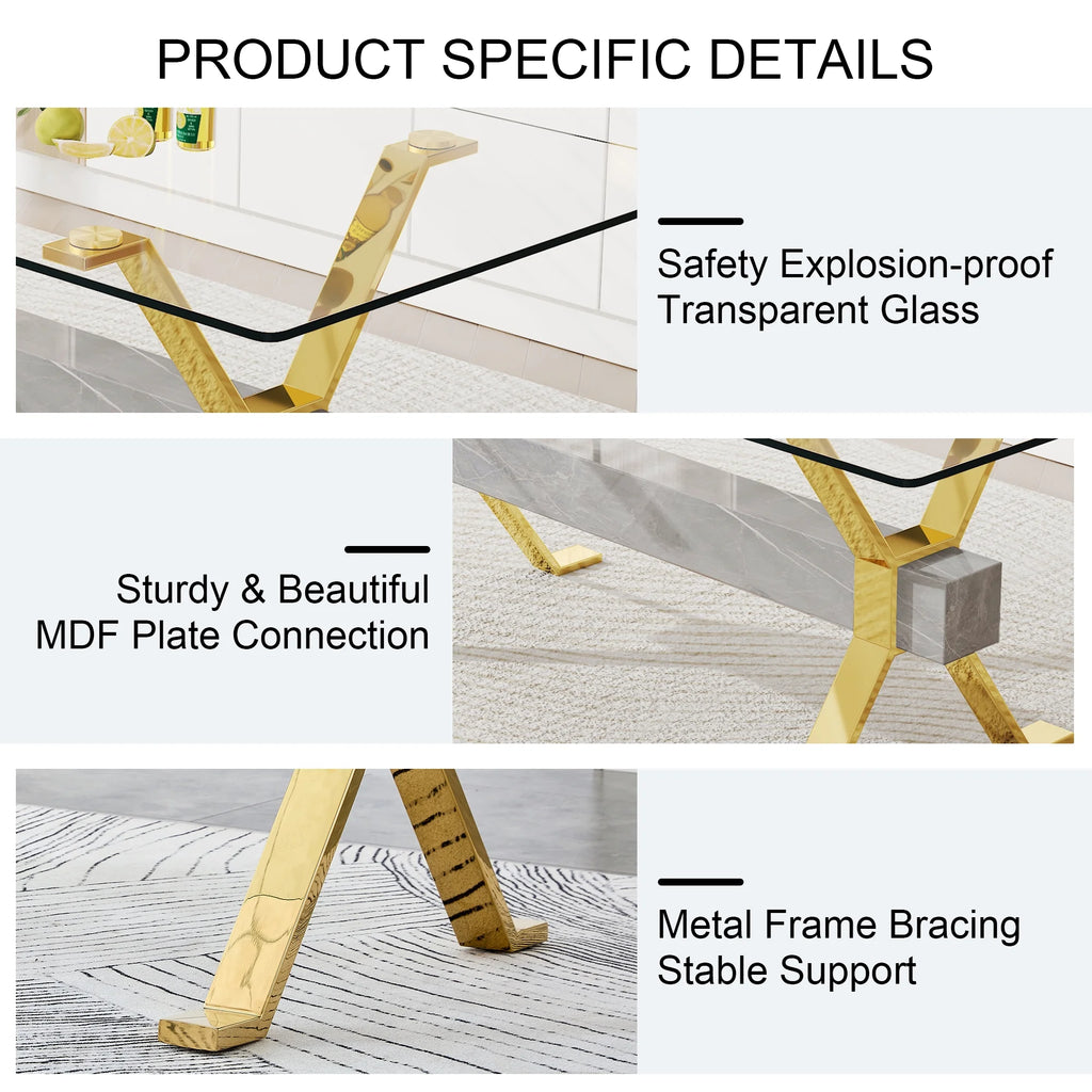 Modern tempered glass rectangular dining table with 6 white PU gold leg chairs V1592