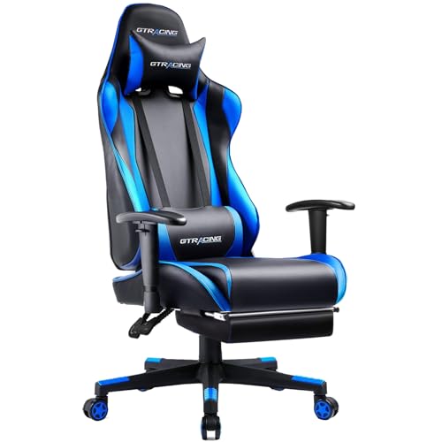 GTRACING Gaming Chair with Footrest, Ergonomic Reclining, Blue C551
