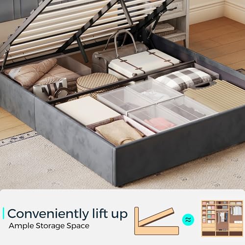 LINSY Lift Up Storage Queen Bed Frame with LED Lights and Charging Station, Dark Grey I29937
