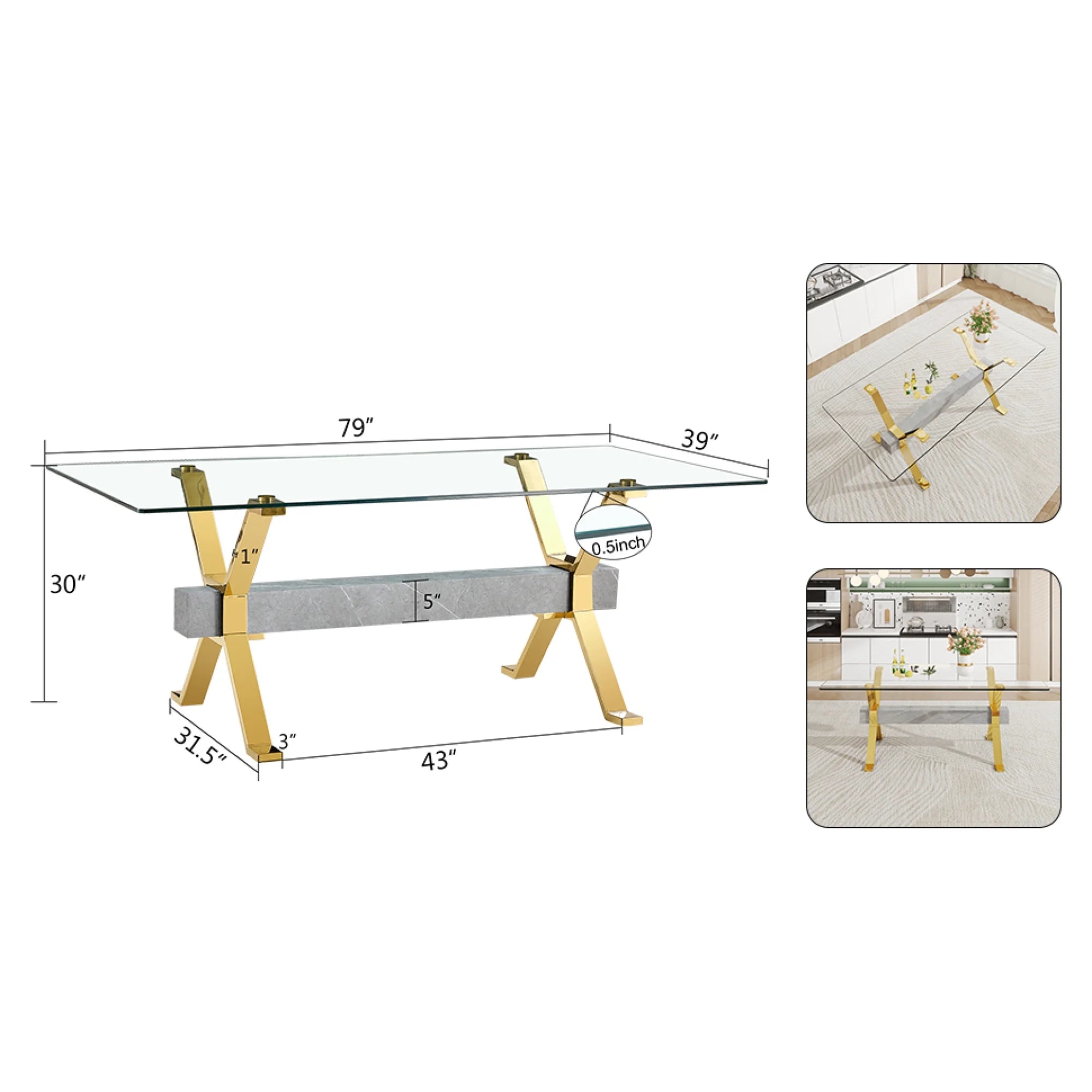 Modern tempered glass rectangular dining table with 6 white PU gold leg chairs V1592