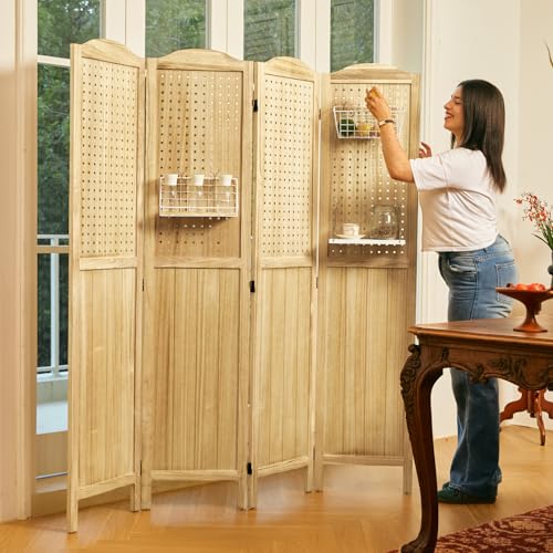 Pegboard Display 5.6Ft Wooden Room Divider Folding Privacy Screen Freestanding Wall Organizer, 4 Panels, Natural C603