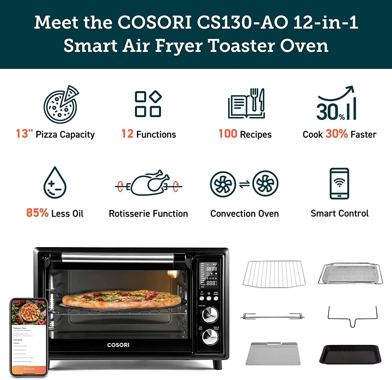 COSORI Smart Air Fryer Toaster Oven, 32-Quart, Stainless Steel, Black K7379