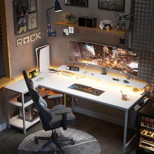 ODK 48 Inch L Shaped Gaming Desk with USB Charging Ports and LED Lights S136