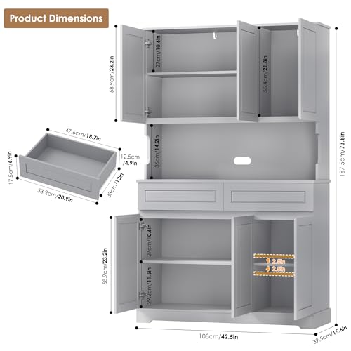 74" Tall Pantry Cabinet with 6 Doors and 2 Drawers, Grey E15130