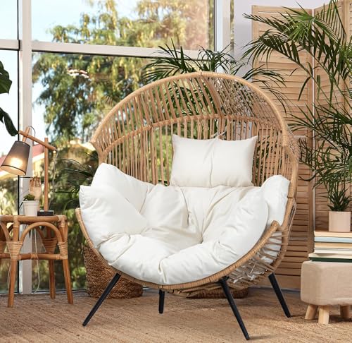 JAMFLY Egg Chair Wicker Outdoor Patio Lounger with Cushion, Beige O9160