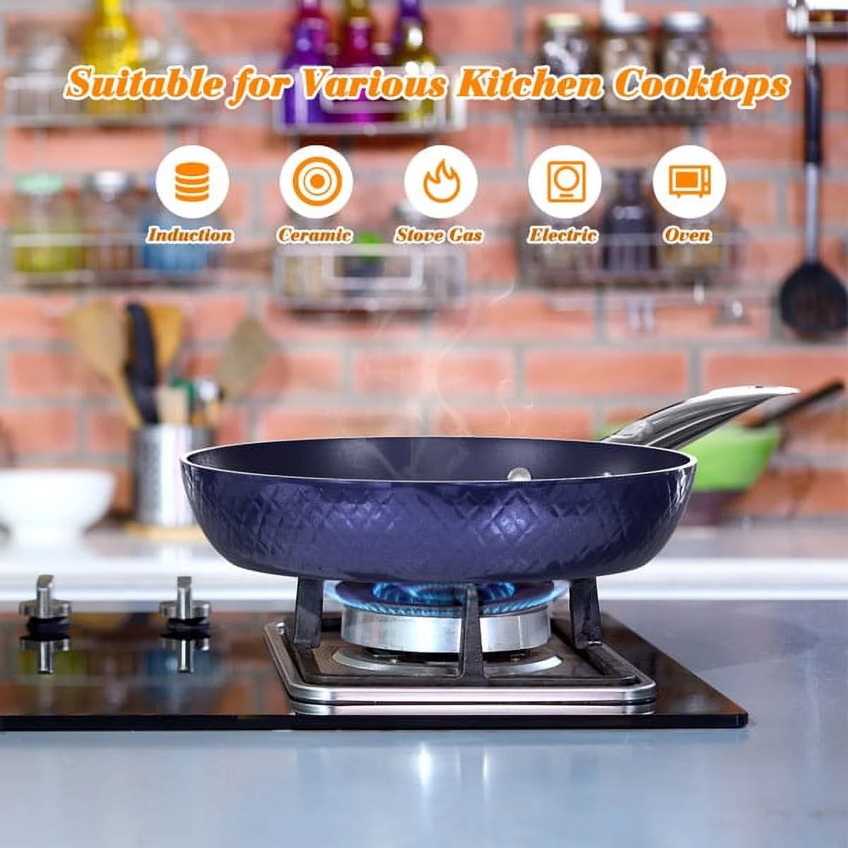 Fithood Frying Pan Set Non Stick 3 Pieces, Blue Diamond Cookware, Aluminum Ceramic Coating G219801