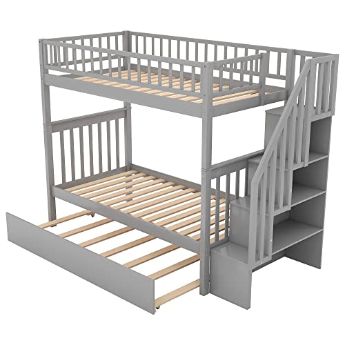 Twin-Over-Twin Bunk Bed with Trundle and Storage Staircase, Solid Wood, White I987686