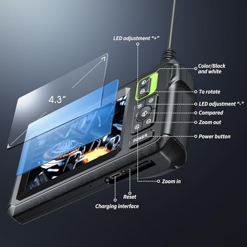 Endoscope Camera with Light, 4.3" IPS Screen, 1920P HD, 16.4FT Semi-Rigid Cord, IP67 Waterproof, Orange G627561