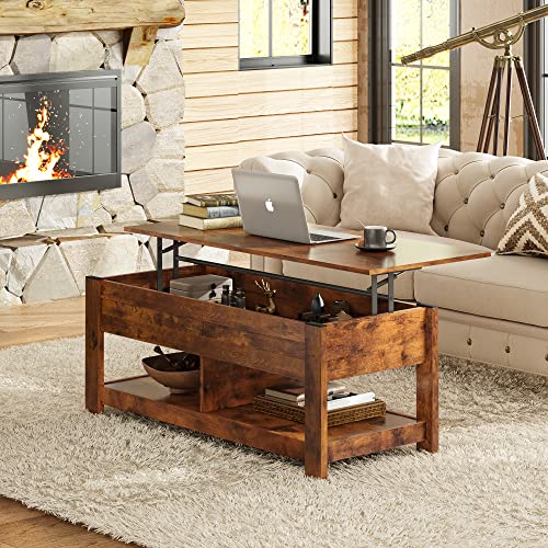 WLIVE Lift Top Coffee Table with Storage Shelf, Rustic Brown Z11463