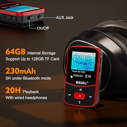 RUIZU 64GB Clip MP3 Player with Bluetooth 5.3, Red D1527